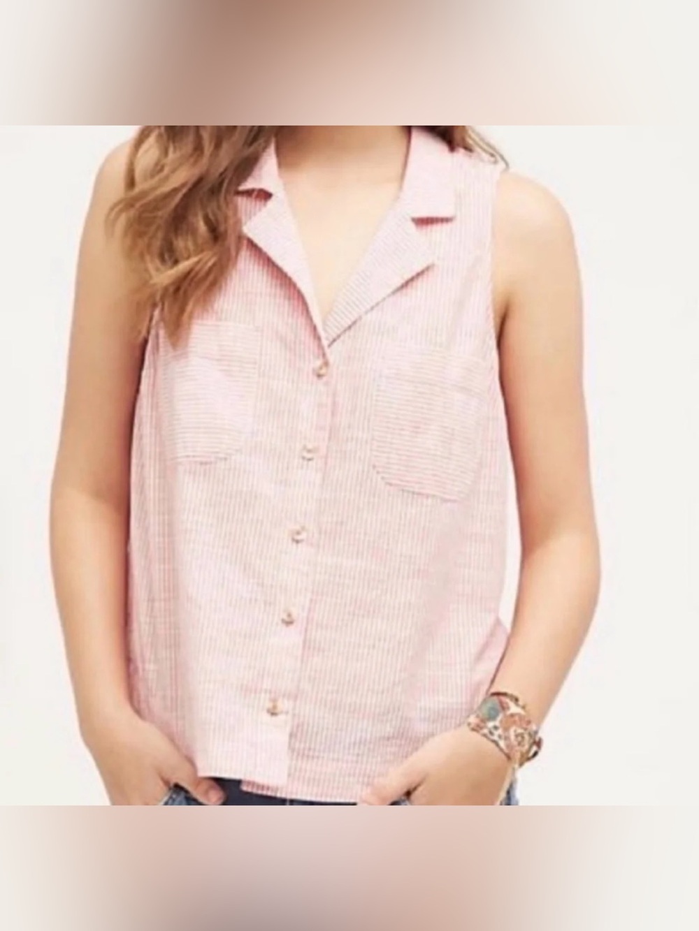 HD in Paris Pink Striped Sleeveless Button-Down Top